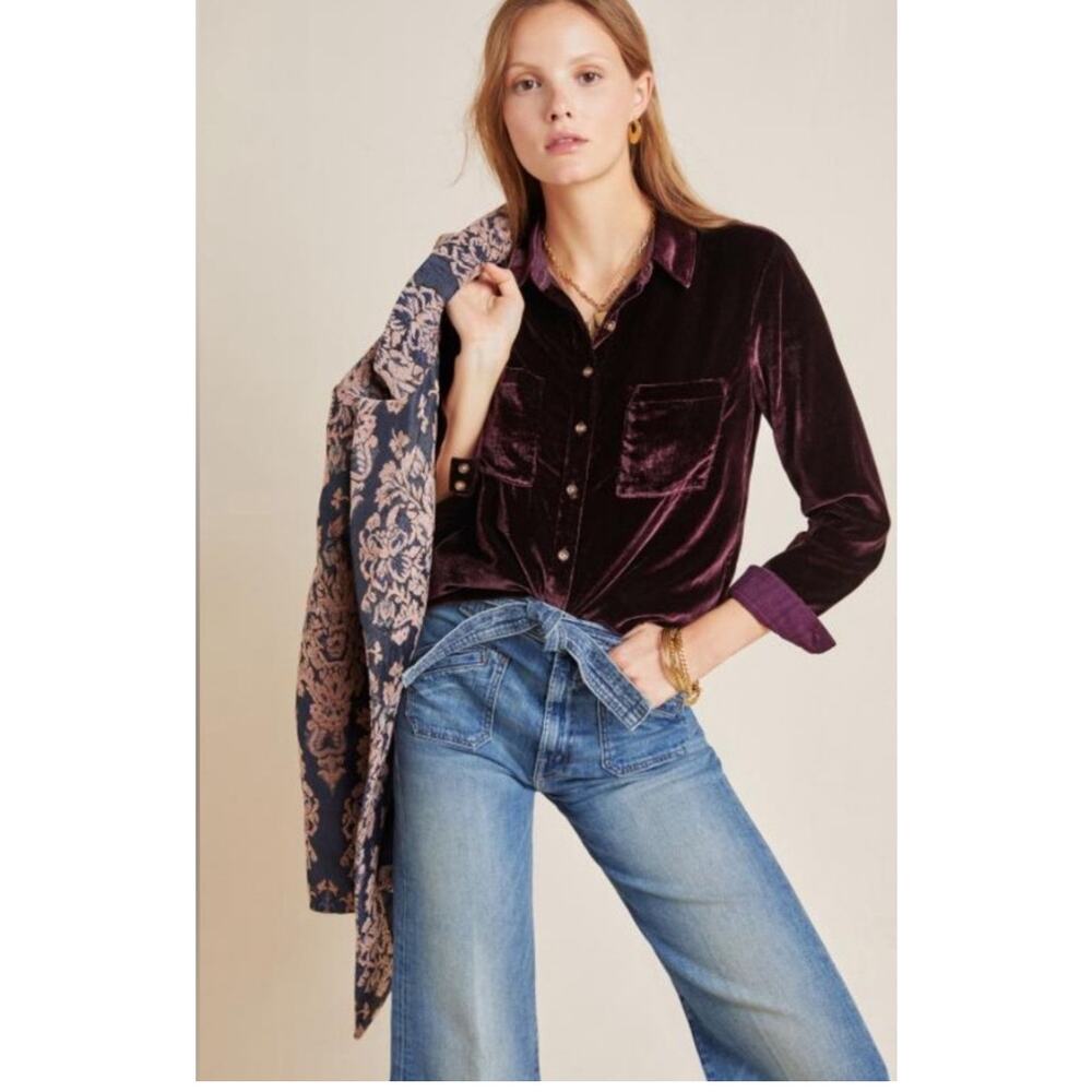 Pilcro Purple Velvet Button Down Shirt Size Medium
